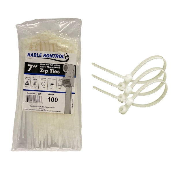 Kable Kontrol Cable Tie, 7 in L, 1.80 in Max Bundle Dia., Natural, Nylon 6/6, 50 lb Strength, 100 PK MHT7-50-natural - main